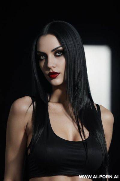 (gothic model) (long straight hair) (black hair) (makeup) (smokey eyes) (red lips) (ideal facial ratios) (loose fitting white tank top) (athletic body) (natural boobs) (erotic) (aroused) (flirty) (look - ai-porn.ai on pornintellect.com