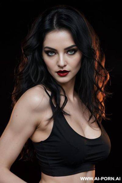 (long wavy hair) (black hair) (makeup) (smokey eyes) (red lips) (ideal facial ratios) (loose fitting white tank top) (showing side boob) (athletic body) (natural boobs) (erotic) (aroused) (flirty) - ai-porn.ai on pornintellect.com