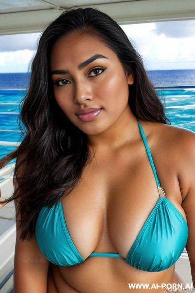 Beautiful tahitian woman, big plump natural breasts, pretty make up, wearing bikini, on cruise ship, ((keep face)), ((keep body)), - ai-porn.ai on pornintellect.com