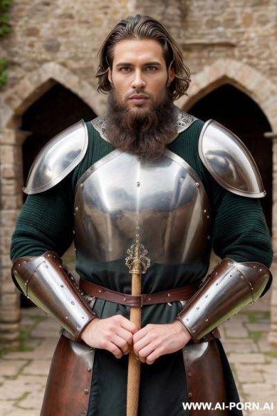 Handsome model man, athletic handsome man, thick brown hair, big green eyes, one man, short beard, standing, wearing medieval armor, fucking slutty medieval woman, vaginal sex, ((keep face)), ((keep model)), ((keep body)), - ai-porn.ai on pornintellect.com