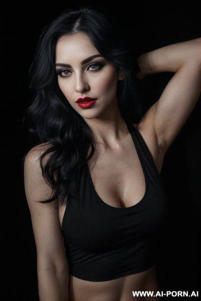 (long wavy hair) (black hair) (makeup) (smokey eyes) (red lips) (ideal facial ratios) (loose fitting white tank top) (athletic body) (natural boobs) (erotic) (aroused) (flirty) (dominant) (look into - ai-porn.ai on pornintellect.com