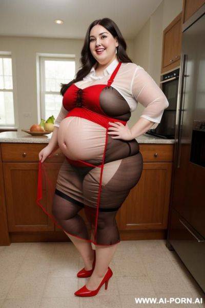 Pear shaped, bbw, very obese, 00 pounds, wearing tight red apron, big belly - ai-porn.ai on pornintellect.com