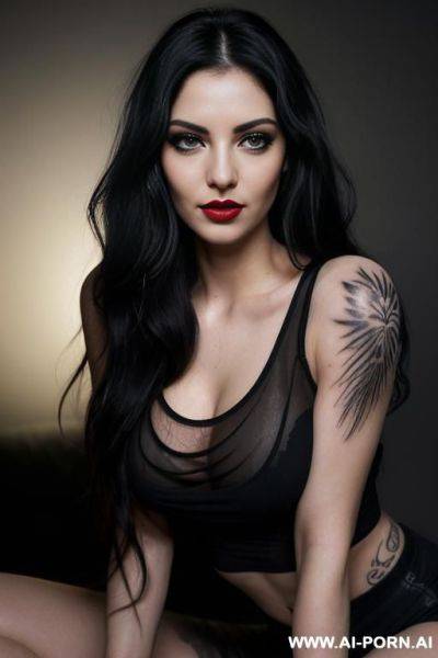 (long wavy hair) (soft black hair) (makeup) (smokey eyes) (long eyelashes) (red lips) (ideal facial ratios) (loose fitting white tank top) (see-through top) (athletic body) (large tattoo) (natural - ai-porn.ai on pornintellect.com