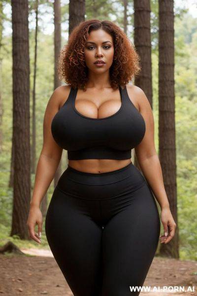 Huge boobs, gigantic boobs, milf, in forest, bimbo, black hair, sexy afro woman, looking at the viewer angrily, 0 years - ai-porn.ai on pornintellect.com