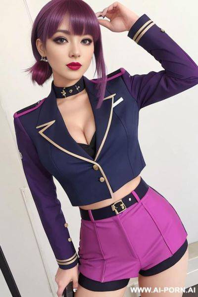 Woman, perfect face, makeup, short tousled hair with blonde bangs, colored lips, stylish dress with bolero jacket, dark olive green, simple standing to the side, realistic - ai-porn.ai on pornintellect.com