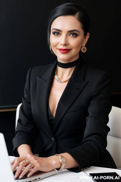 Sexy woman, with messy blue hair. wearing a pink crop top, and a diamond choker. - ai-porn.ai on pornintellect.com