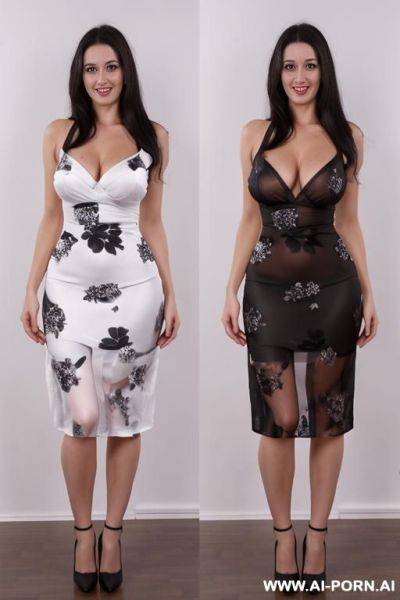Brunette, very long black dress with white and pasterl flowers, dense floral pattern all the dress - ai-porn.ai on pornintellect.com