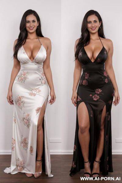 Brunette, european, green eyes, very long black dress with white and pasterl flowers, and dense floral pattern covering y percent of the dress, completely random new face - ai-porn.ai on pornintellect.com
