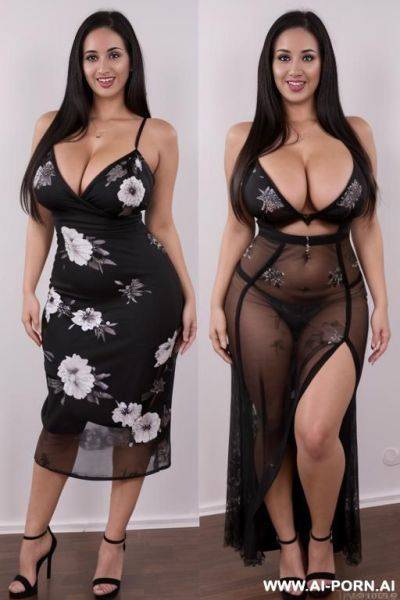 Brunette, very long black dress with white and pasterl flowers, and dense floral pattern covering all the dress - ai-porn.ai on pornintellect.com