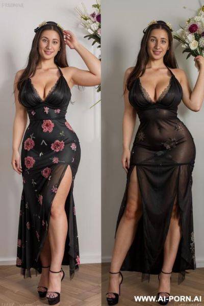 Brunette, european, green eyes, very long black dress with white and pasterl flowers, and dense floral pattern covering y percent of the dress, completely random new face, low cleavage - ai-porn.ai on pornintellect.com