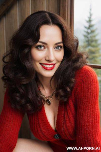 (woman crawling). depth of field. eye contact. beautiful face. symmetrical perfect sexy eyes. dark strong eyeliner. necklace. (long hair). posing in the cabin. ((red woolly sweater)) - ai-porn.ai on pornintellect.com