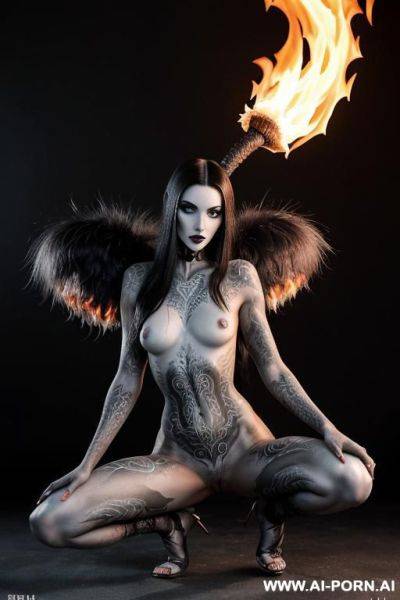 Extremely tall supermodel cutie, slender, skiny, completely naked, super long legs, (((extremely long hair))), ((goddess of fire)), whole body covered in fire, surrounded by fire, epic, fantasy wings, - ai-porn.ai on pornintellect.com