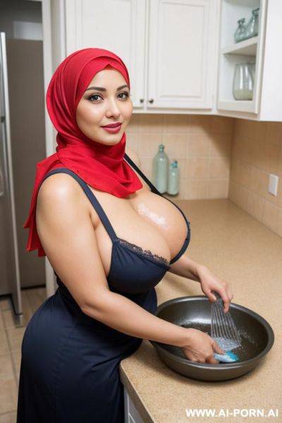 Hijab two mature women with big breasts and big hips, are washing dishes in the kitchen. - ai-porn.ai on pornintellect.com