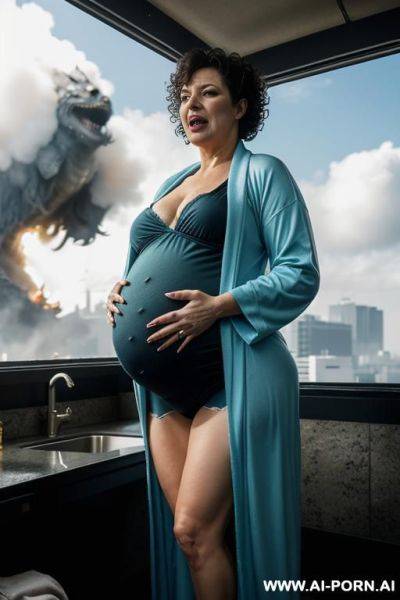 Mature women with big breasts and big hips, wearing deep-cut body stockings, are washing dishes in the kitchen. - ai-porn.ai on pornintellect.com