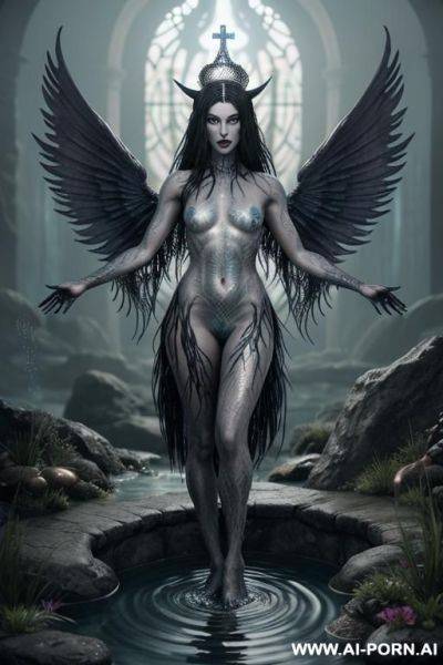 Extremely tall supermodel cutie, completely naked, half asian, goddess of the sea, goddess of fantasy creatures, very long watery hair, fantasy hair made of water, fantasy goddess powers, water - ai-porn.ai on pornintellect.com
