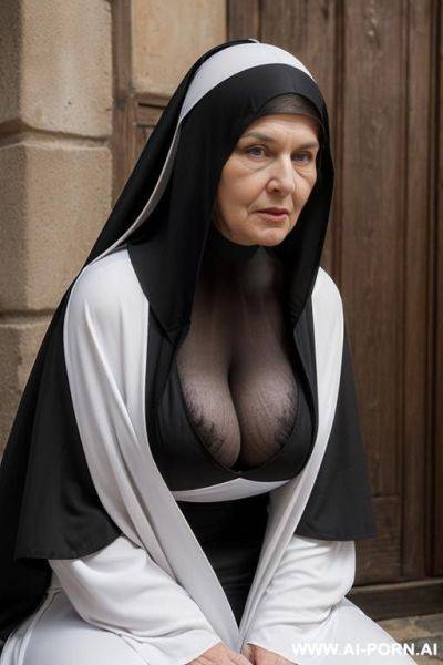 Woman is nun, she is totally nude but has a scarf on her head, full nude, only a scarf, she is in the medieval european city ((old city)), ((sexy ultra hot old nun mature granny nun - ai-porn.ai on pornintellect.com