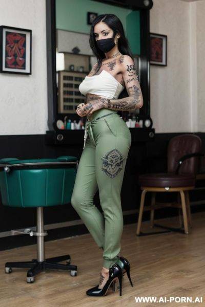 The model should wear croat top and ordinary pant and her face should be covered eyes mask, green high heels, white high knee socks, green hairy pussy - ai-porn.ai on pornintellect.com