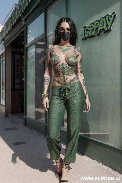 The model should wear croat top and ordinary pant and her face should be covered eyes mask, green high heels - ai-porn.ai on pornintellect.com