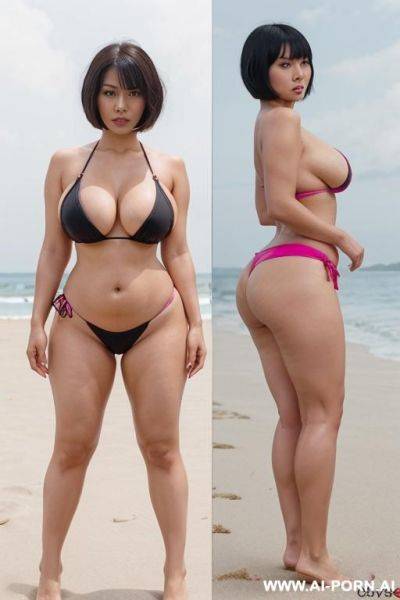 Tall busty japanese milf, , gorgeous face, black eyes, black bobcut hair, massive boobs, waist, wide hips, thick legs, huge butt, seductive, beach, standing up, full body picture, front view, pink extreme micro bikini - ai-porn.ai - Japan on pornintellect.com