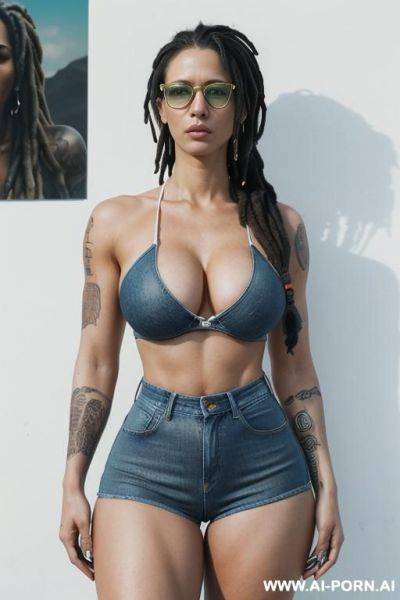 (((jamaica, very beautiful face, gorgeous body, athletic build, toned body, strong legs and arms, juicy thighs, curvy figure, natural big breasts))) ((gothic woman, tattooed arms, tattoo sleeves, - ai-porn.ai on pornintellect.com