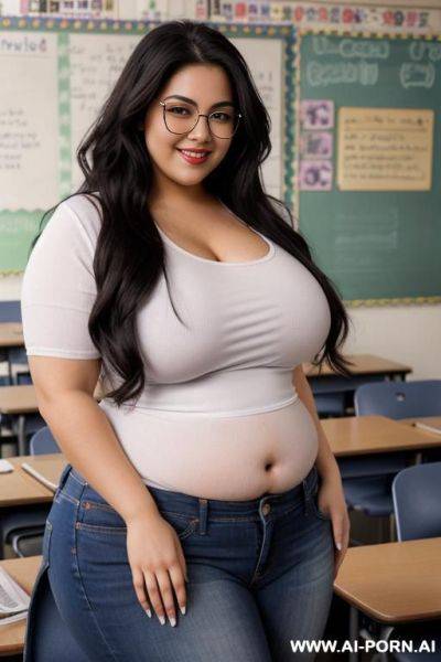 Fair boobs, massive curved hips, alluring thighs, rocker outfit, very wide figure, long hair, tight white shirt, holding potion - ai-porn.ai on pornintellect.com