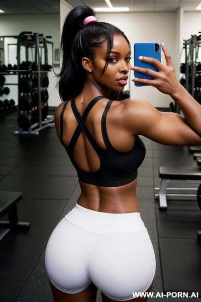 Sporty black woman. round ass breasts taking a selfie. lifts shirt in gym - ai-porn.ai on pornintellect.com