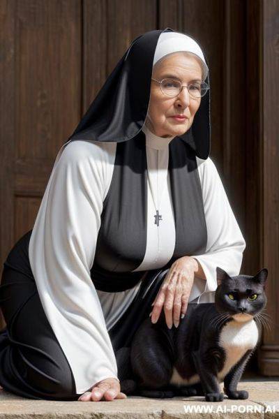 Woman is nun, she is fully nude but has a scarf on her head, full nude, only a scarf, she is in the medieval european city ((old city)), ((sexy ultra hot old nun mature granny nun - ai-porn.ai on pornintellect.com