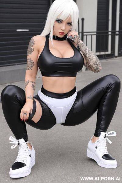 White hair succubus in legging , wearing a sideboob top and legging whith high heels sneaker , tatoo , squatting - ai-porn.ai on pornintellect.com