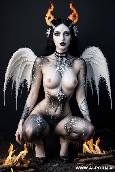 Extremely tall supermodel cutie, slender, skiny, completely naked, super long legs, ((very long hair)), goddess of fire, ((whole body covered in fire)), he’ll, epic, fantasy wings, unusual skin - ai-porn.ai on pornintellect.com