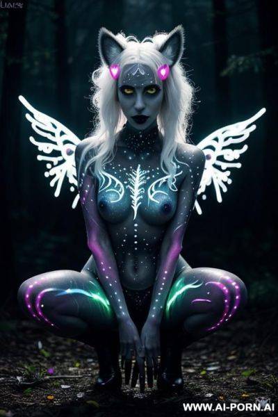 Extremely tall supermodel cutie, slender, skiny, completely naked, super long legs, ((very long hair)), goddess of light, ((whole body covered in light)), dark forest, epic, fantasy glowing wings, - ai-porn.ai on pornintellect.com