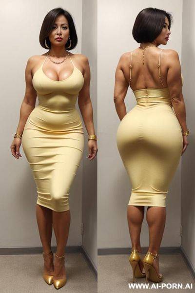 (full body view) (form behind) (mature latina woman) (big ass) (tight long pencil dress) (golden high heels) (necklace) (loop earrings) (squatting) (tanned skin) (curvy fit body) - ai-porn.ai on pornintellect.com