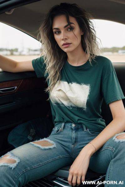 Hair: messy waves. clothes: dirty, ripped. t-shirt and jeans. sitting in a car - ai-porn.ai on pornintellect.com