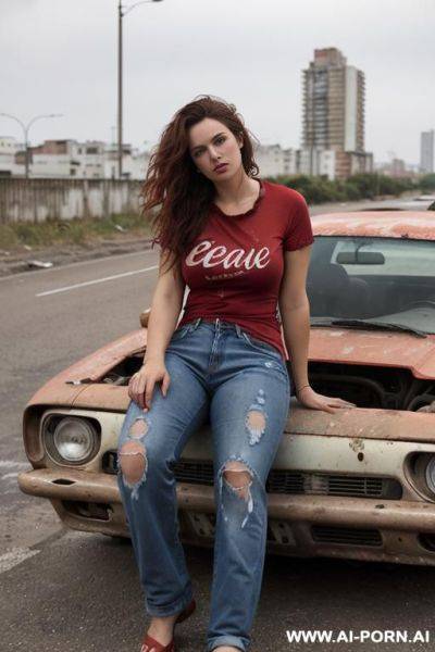 Hair: messy waves. clothes : (red worn dirty, t-shirt) , ragged jeans. sitting in a car. au naturel. no make-up. abandoned city background - ai-porn.ai on pornintellect.com
