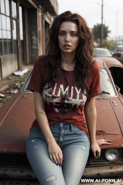 Hair: messy waves. clothes : (red old dirty, tight t-shirt) , dirty jeans. sitting in a nice car. au naturel. no make-up. abandoned city background with zombies - ai-porn.ai on pornintellect.com