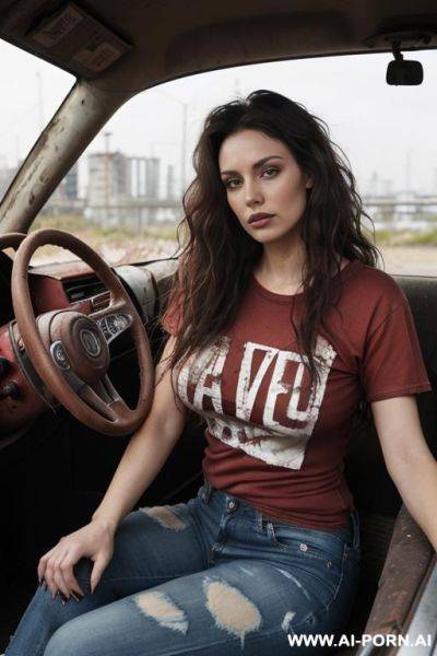 Hair: (messy waves). clothes : (red old dirty, tight t-shirt) , dirty jeans. (sitting in a modern car). make-up: (au naturel. no make-up). background: (abandoned city) - ai-porn.ai on pornintellect.com