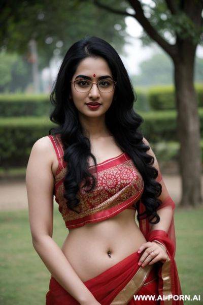 Pale skin, cute, beautiful, indian women, round glasses, round noobs, red saree, navel piercing - ai-porn.ai - India on pornintellect.com