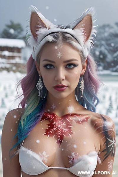 Face, sexy, beautiful, ((face painting)), ((bikini as seashell)), ((tattoo roses)), ((eyes shw)), ((angel wings)), ((rainbow hair)), ((long bu hair)), ((wind)), (( cat face)), (( cat ears)), (((feather - ai-porn.ai on pornintellect.com