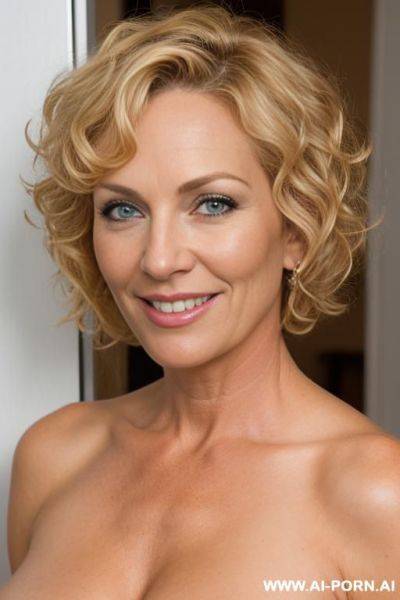Full nude milf woman with short blonde curly haircut looks in camera, smiling - ai-porn.ai on pornintellect.com