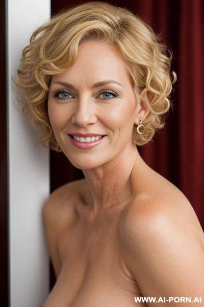 Full nude mature woman with short blonde curly haircut looks in camera, smiling - ai-porn.ai on pornintellect.com