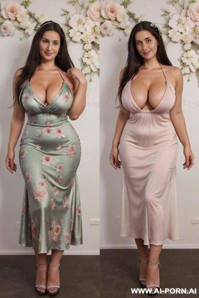 Brunette, european, green eyes, very long black toton dress with white and pastel flowers, and dense floral pattern covering almost one hundred percent of the dress, completely random new face, very low cleavage, undressing, same dress on photos - ai-porn.ai on pornintellect.com