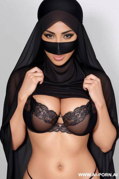 Naked tanned arab woman with big breasts, wide hips and pumped abs wearing a black niqab on her head. her face is covered by a niqab - ai-porn.ai on pornintellect.com