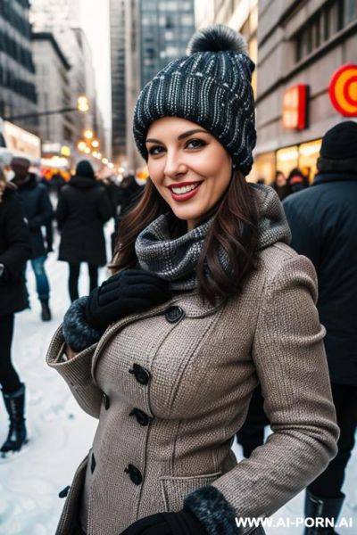 Big city street, topless, winter hat, earmuffs, winter gloves, winter pants, winter boots, lots of people - ai-porn.ai on pornintellect.com