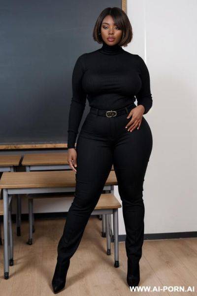 Angry teacher milf voluptuous scolding mad red turtleneck standing legs wide - ai-porn.ai on pornintellect.com