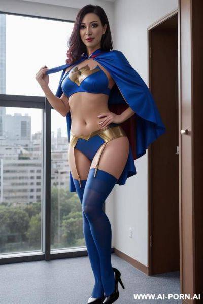 Crop top, blue pantyhose, super hero standing proudly on building, fit body, micro-skirt, short cape - ai-porn.ai on pornintellect.com