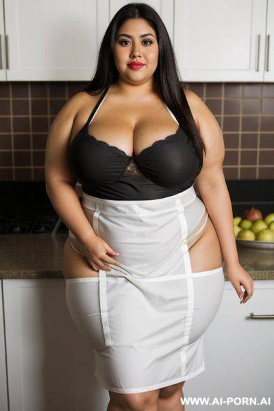 Pear shaped, bbw, massive hips, giant thighs, chubby face and arms, tan, chola, domesticated, homemaker, wearing covering tight apron, 00 pounds, very obese - ai-porn.ai on pornintellect.com