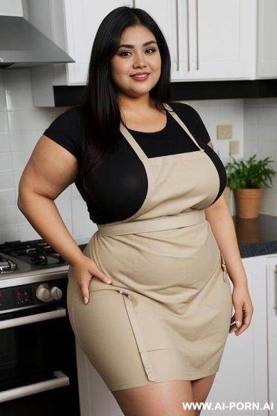 Pear shaped, bbw, massive hips, giant thighs, chubby face and arms, tan, chola, domesticated, homemaker, wearing covering tight apron - ai-porn.ai on pornintellect.com