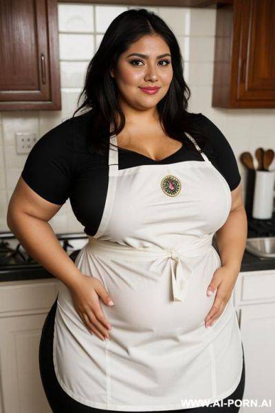 Very rotund, super obese, pear shaped, bbw, massive hips, giant thighs, chubby face and arms, tan, chola, domesticated, homemaker, wearing covering tight apron, big belly - ai-porn.ai on pornintellect.com