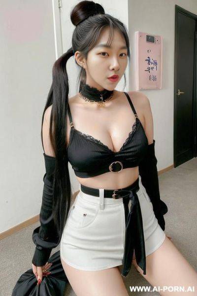 Korean idol, k-pop woman, huge saggy breasts, teaperead waist, long black hair, high pony tail hair, (((keep face))), ((keep body)), - ai-porn.ai - North Korea on pornintellect.com
