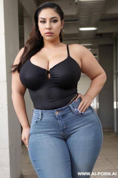 Chubby, pear shaped, very wide hips, chola, tight jeans, supermodel face, chola, heavy makeup - ai-porn.ai on pornintellect.com