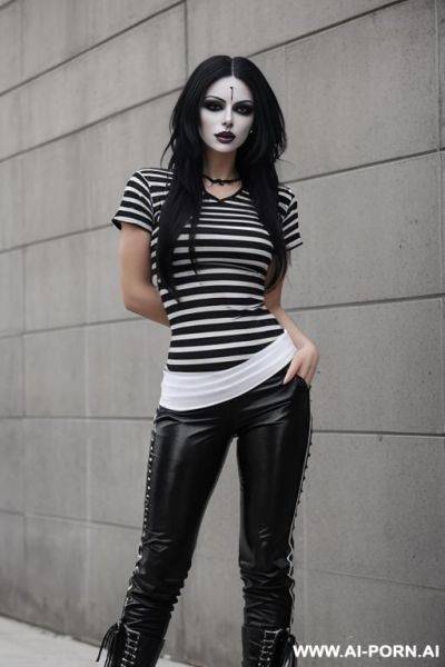 Woman, full body, standing, wearing a white and black striped t-shirt, black military pants and combat boots, gothic makeup - ai-porn.ai on pornintellect.com